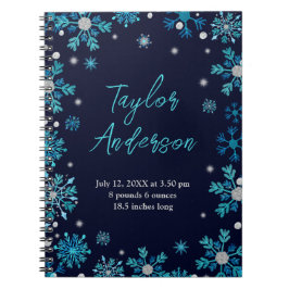 Blaue und Silberschneeflocken Geburtsstunde Notizblock