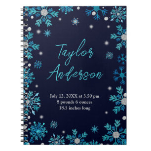 Blaue und Silberschneeflocken Geburtsstunde Notizblock