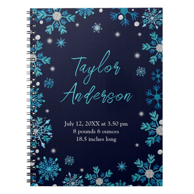 Blaue und Silberschneeflocken Geburtsstunde Notizblock (Vorderseite)