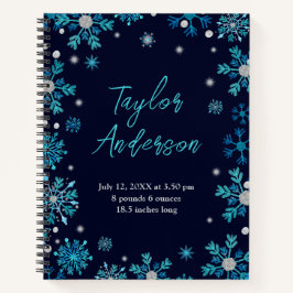 Blaue und Silberschneeflocken Geburtsstunde Notizbuch