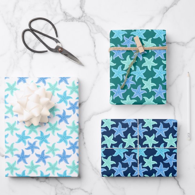 Blaue und türkisfarbene Starfish Geschenkpapier Set (Vorderseite)