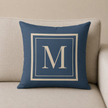Blaue und Vanille-Rahmen-Monogramm-Wurfkissen