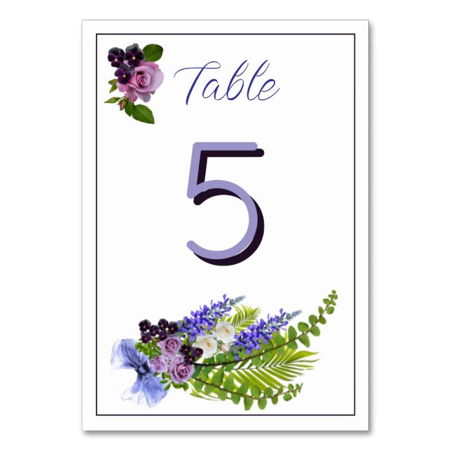 Blaue und violette Blüten  Tischnummer (Vorderseite)