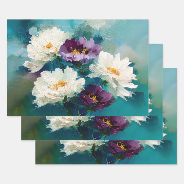 Blaue und violette malerische Blumen Geschenkpapier Set (Set)