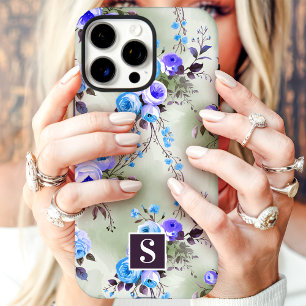 Blaue und violette Monogramm-Blüten  iPhone 16 Pro Max Hülle