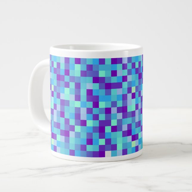 Blaue und violette Pixel-Muster-Tasse Jumbo-Tasse (Vorderseite Links)
