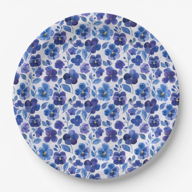 Blaue und violette Stiefmütterchen-Blumenmuster Pappteller (Vorderseite)