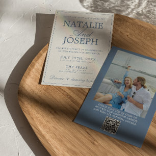 Blaue und weiße alte Geld-Foto-QR-Code-Hochzeit Einladung