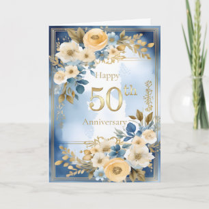 Blaue und weiße Aquarell 50. Hochzeitstag Karte