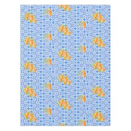 Blaue und weiße Azulejo-Fliesen mit Orange Tischdecke