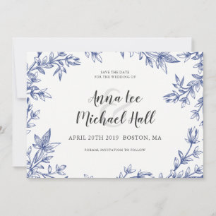 Blaue und weiße Blätter Save the Date für Hochzeit