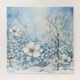Blaue und weiße Blume im Winterschnee Puzzle