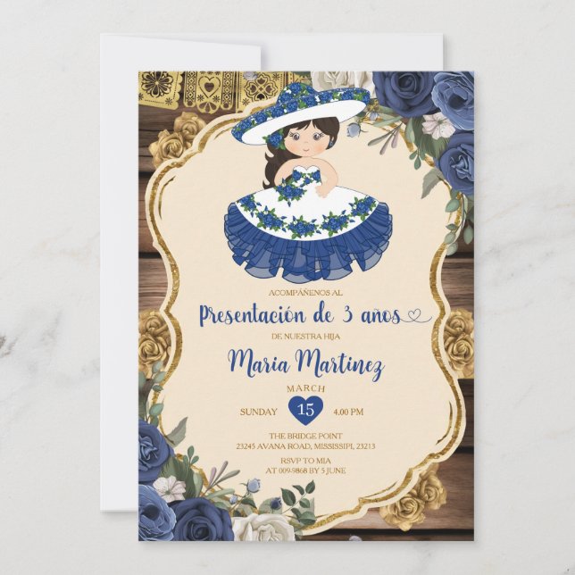 Blaue und weiße Blume Presentación De Tres Años Einladung (Vorderseite)