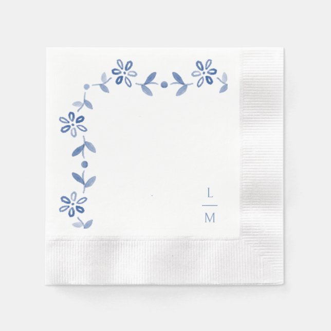 Blaue und weiße Blumen-Coupé-Initialen Hochzeit Serviette (Vorderseite)