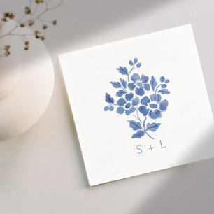 Blaue und weiße Blumen-Coupé-Initialen Hochzeit Serviette
