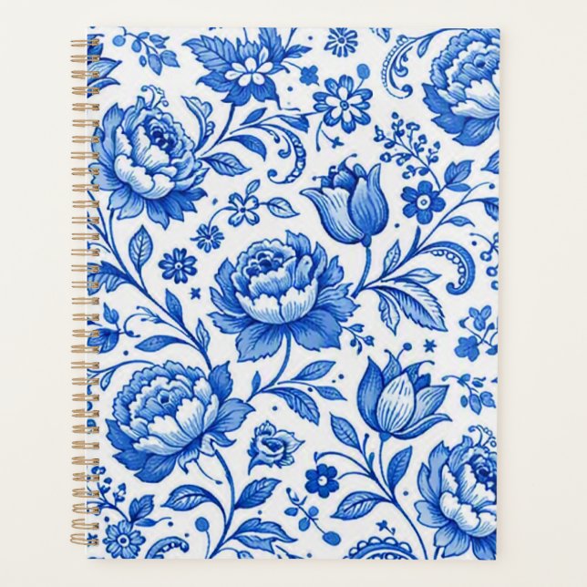 Blaue und weiße Blumen Eleganz Planer (Vorderseite)