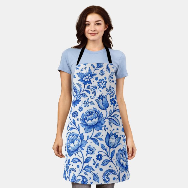 Blaue und weiße Blumen-Eleganz Schürze (Getragen)