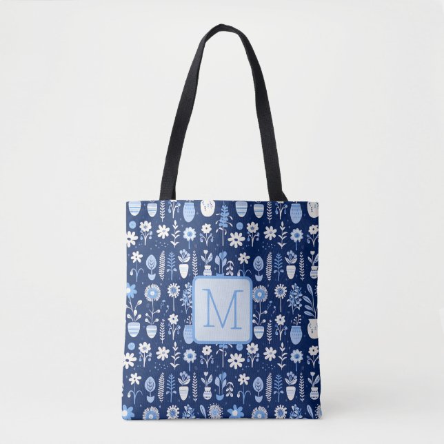 Blaue und weiße Blumen Farbblock-Monogramm (Vorderseite)