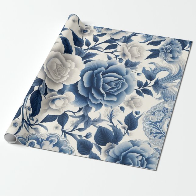 Blaue und weiße Blumen Geschenkpapier (Ungerollt)