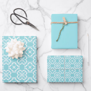 Blaue und Weiße Blumen-Gittermuster im Eierschalen Geschenkpapier Set