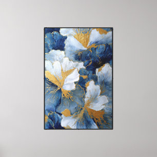 Blaue und weiße Blumen mit goldenen Akzenten Leinwanddruck