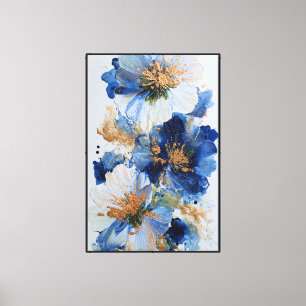 Blaue und weiße Blumen mit goldenen Highlights Leinwanddruck