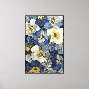Blaue und weiße Blumen mit goldenen Umrandungen Leinwanddruck