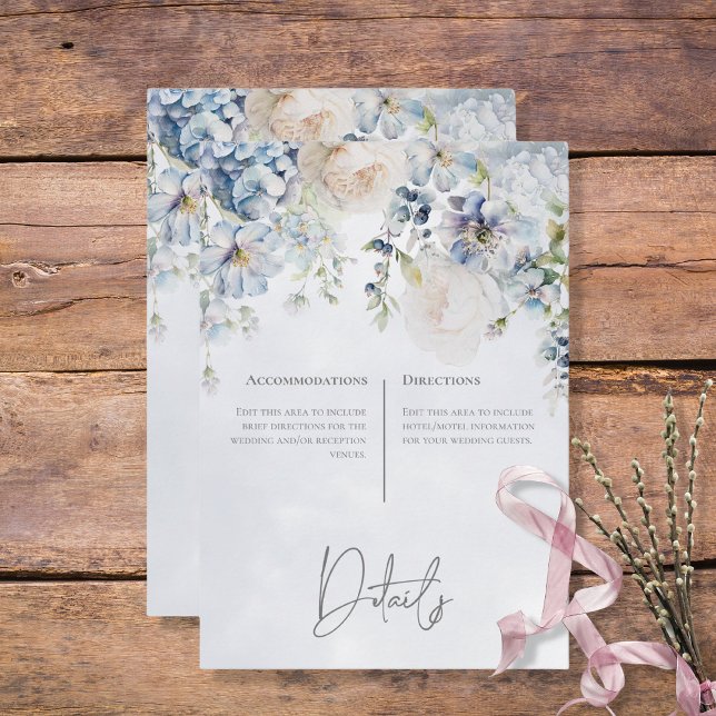 Blaue und weiße Blumen Moderne Details Begleitkarte (Blue & White Floral Modern Wedding Details Enclosure Card)