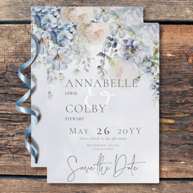 Blaue und weiße Blumen Moderne Hochzeit Save The Date (Blue & White Floral Modern Wedding Save The Date)