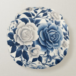 Blaue und weiße Blumen Rundes Kissen
