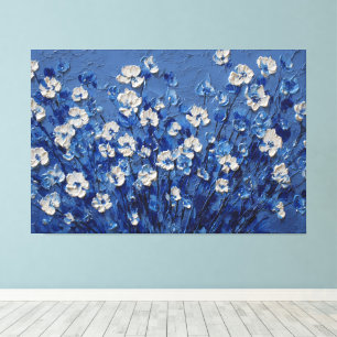 Blaue und weiße Blumen-Texturmalerei – Abstrakt Leinwanddruck