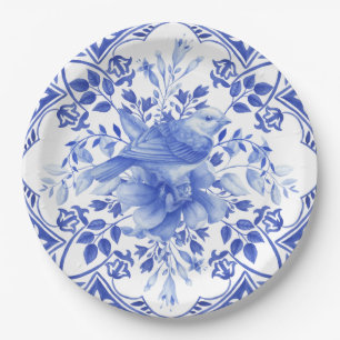 Blaue und weiße Blumenfliese mit Vogel Pappteller