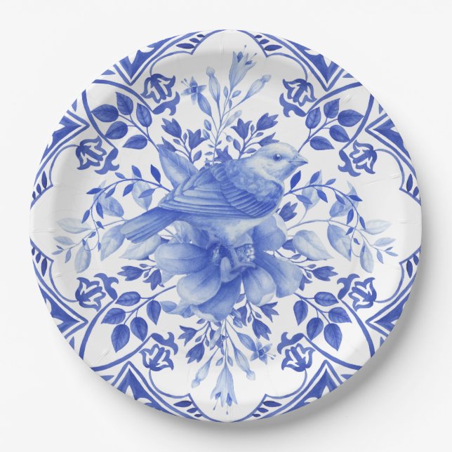 Blaue und weiße Blumenfliese mit Vogel Pappteller (Vorderseite)