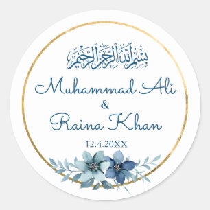 Blaue und weiße blumengoldene islamische Hochzeit Runder Aufkleber