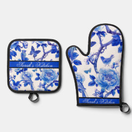 Blaue und weiße Blumenpracht Ofenhandschuh & Topflappen-Set