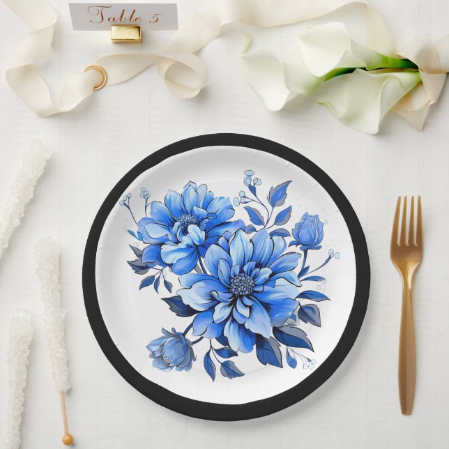 Blaue und weiße Blumenpracht Pappteller (Hochzeit)