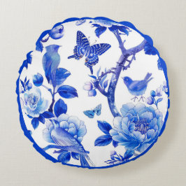 Blaue und weiße Blumenpracht Rundes Kissen