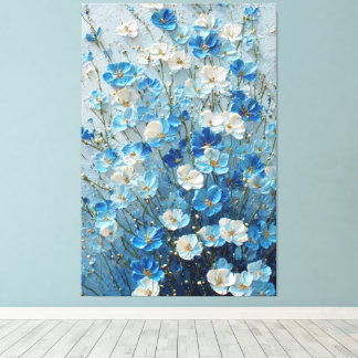 Blaue und weiße Blüten auf hellblauem Abstrakten  Leinwanddruck