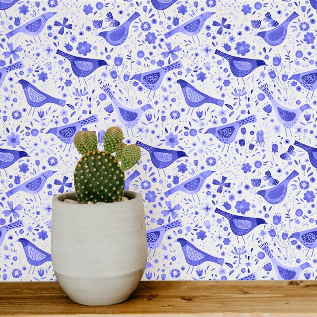 Blaue und weiße Blüten Tapete (Blue and white watercolor bird art wallpaper)