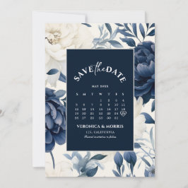 Blaue und weiße Blütenkalender Save The Date