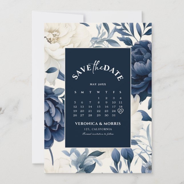 Blaue und weiße Blütenkalender Save The Date (Vorderseite)