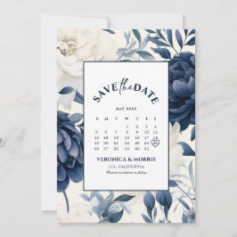 Blaue und weiße Blütenkalender Save The Date