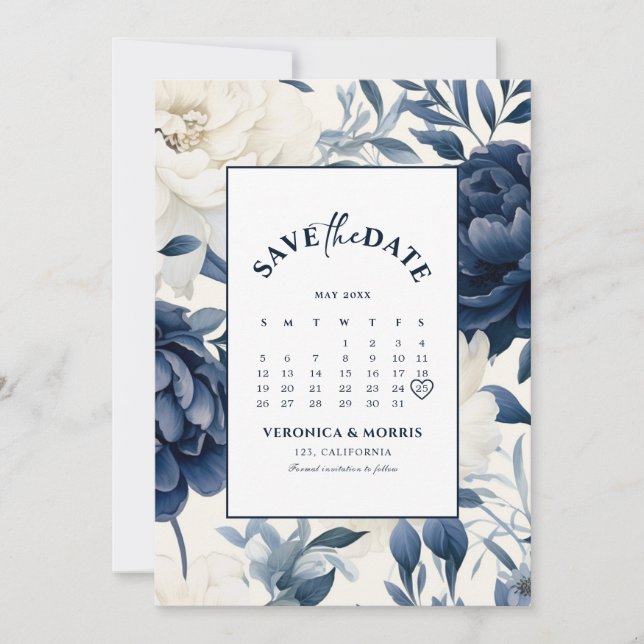 Blaue und weiße Blütenkalender Save The Date (Vorderseite)