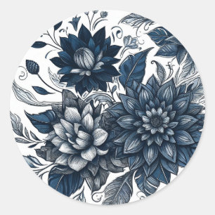 Blaue und weiße bohemische Blumenhochzeit Runder Aufkleber