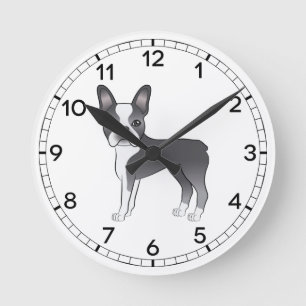 Blaue und weiße Boston-Terrier-Hund-Illustration Runde Wanduhr