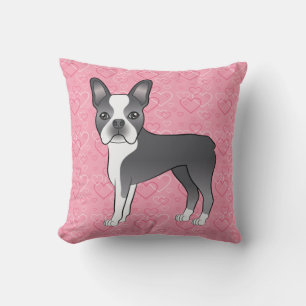 Blaue und weiße Boston-Terrier-Hunde auf rosa Herz Kissen