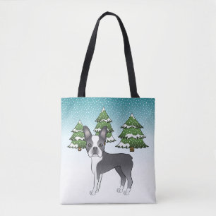 Blaue und weiße Boston Terrier in einem Winterwald
