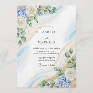 Blaue und weiße botanische abstrakte Hochzeit Einladung