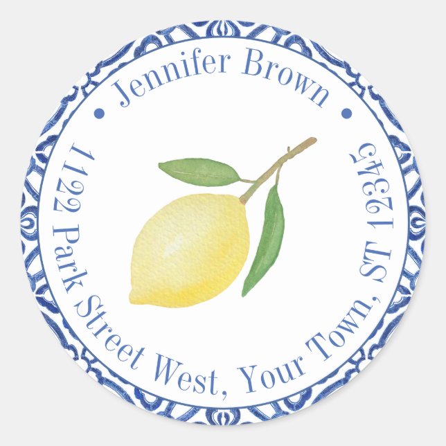 Blaue und weiße Capri-Lemon-Hochzeitsstiftung Rück Runder Aufkleber (Vorderseite)