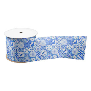 blaue und weiße Chinoiserie Antik-Katze-Muster Satinband